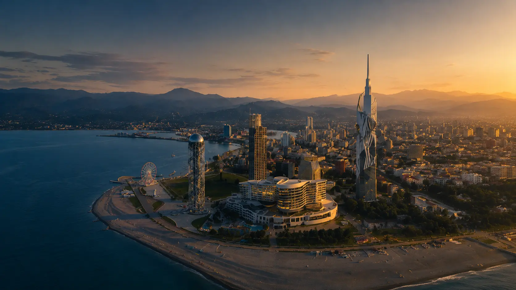 Aerial view of the Batumi coastline at sunset, Georgia