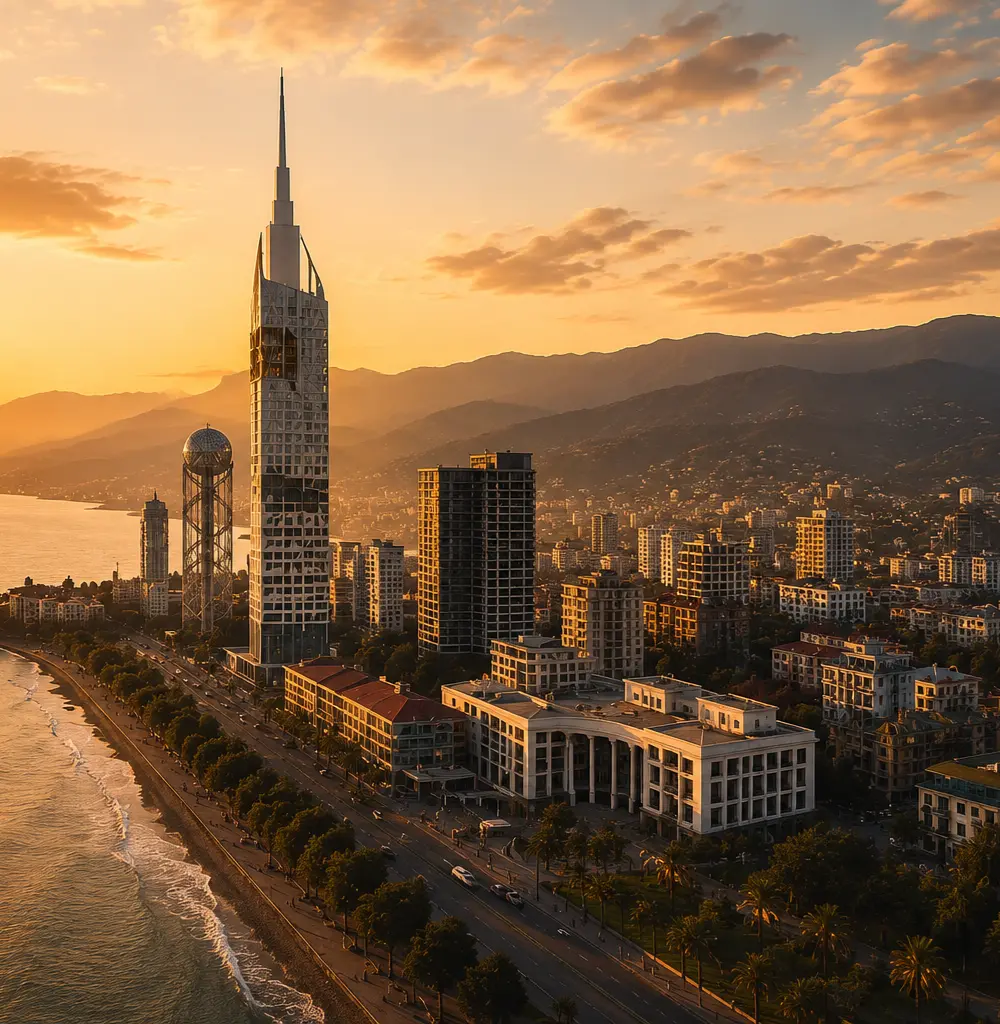 Modern skyscraper in Batumi at sunset